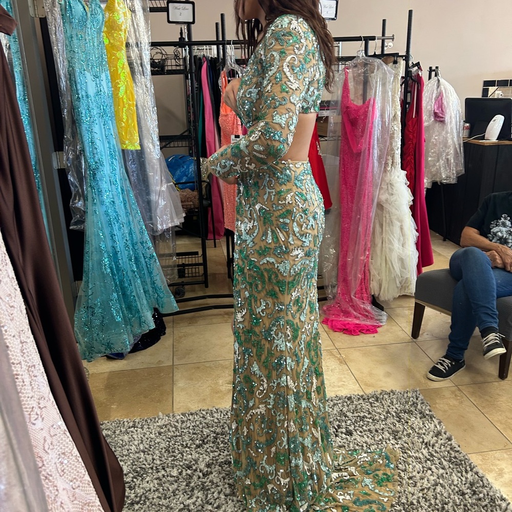 Sherri Hill Green and Gold Sequin Prom Dress